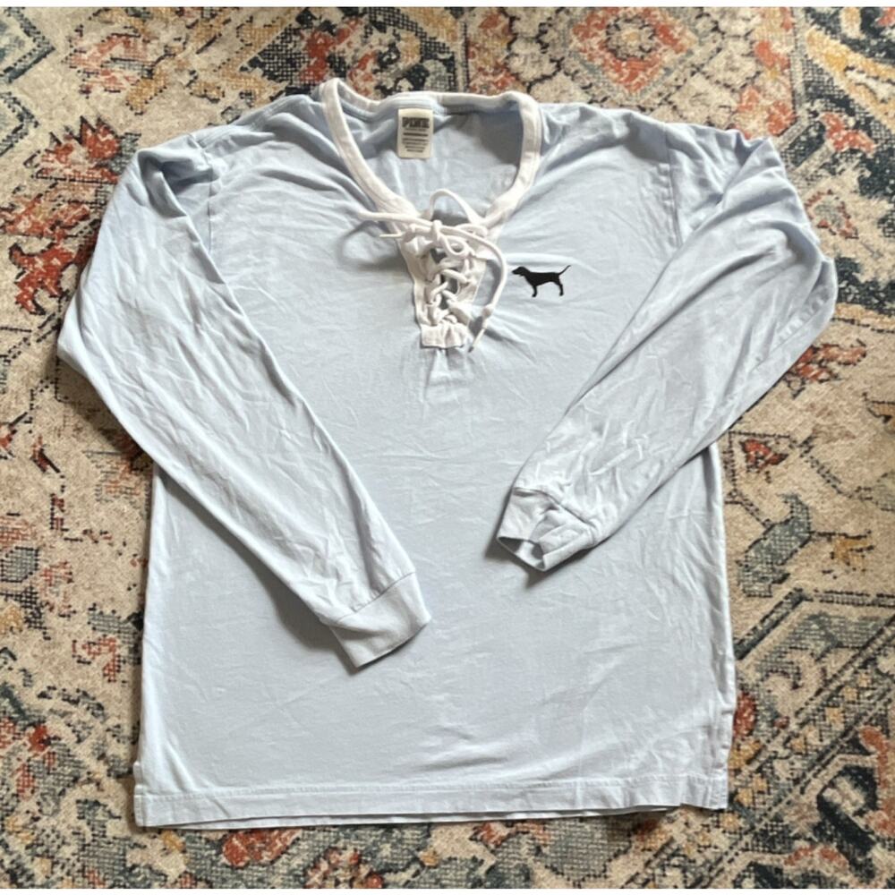 PINK Victoria’s Secret Light Blue Long Sleeve Lace-Up Dog Logo Top Women’s XS